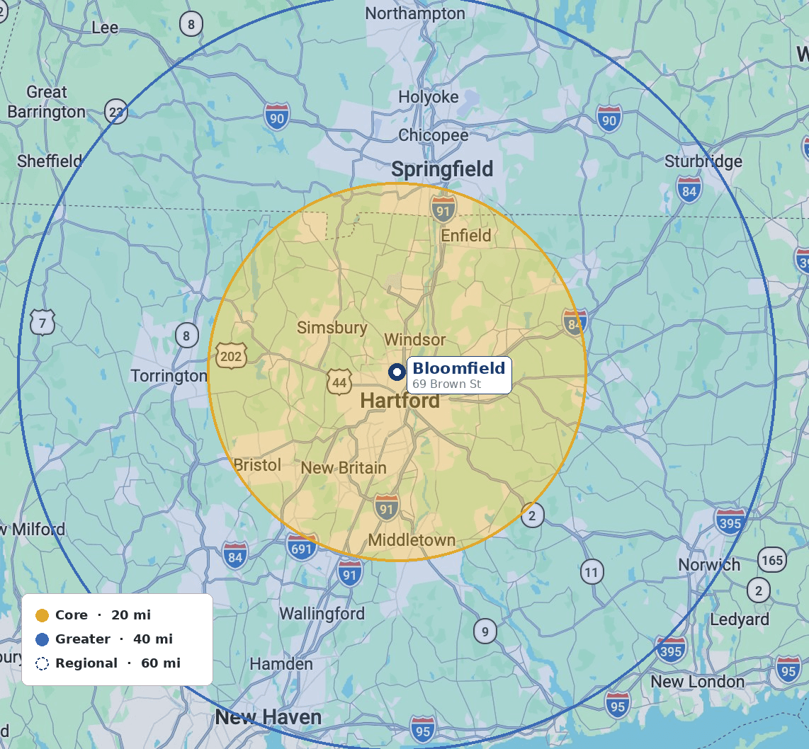 CT Drainage Pros service area map: Core (20 miles), Greater (40 miles), and Regional (60 miles) tiers centered on Bloomfield, Connecticut. Covers Hartford, Springfield, New Haven, Norwich, and surrounding towns.